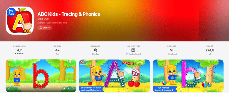 Ứng dụng ABC Kids dành cho trẻ mới bắt đầu học tiếng Anh