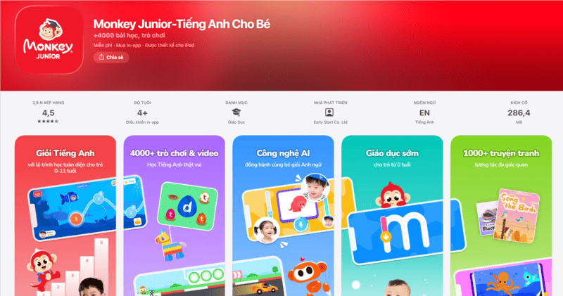 Ứng dụng học tiếng Anh miễn phí Monkey Junior