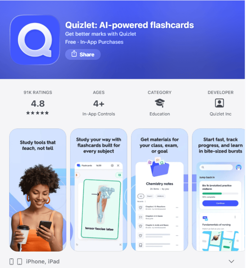 Phần mềm học tiếng Anh Quizlet 